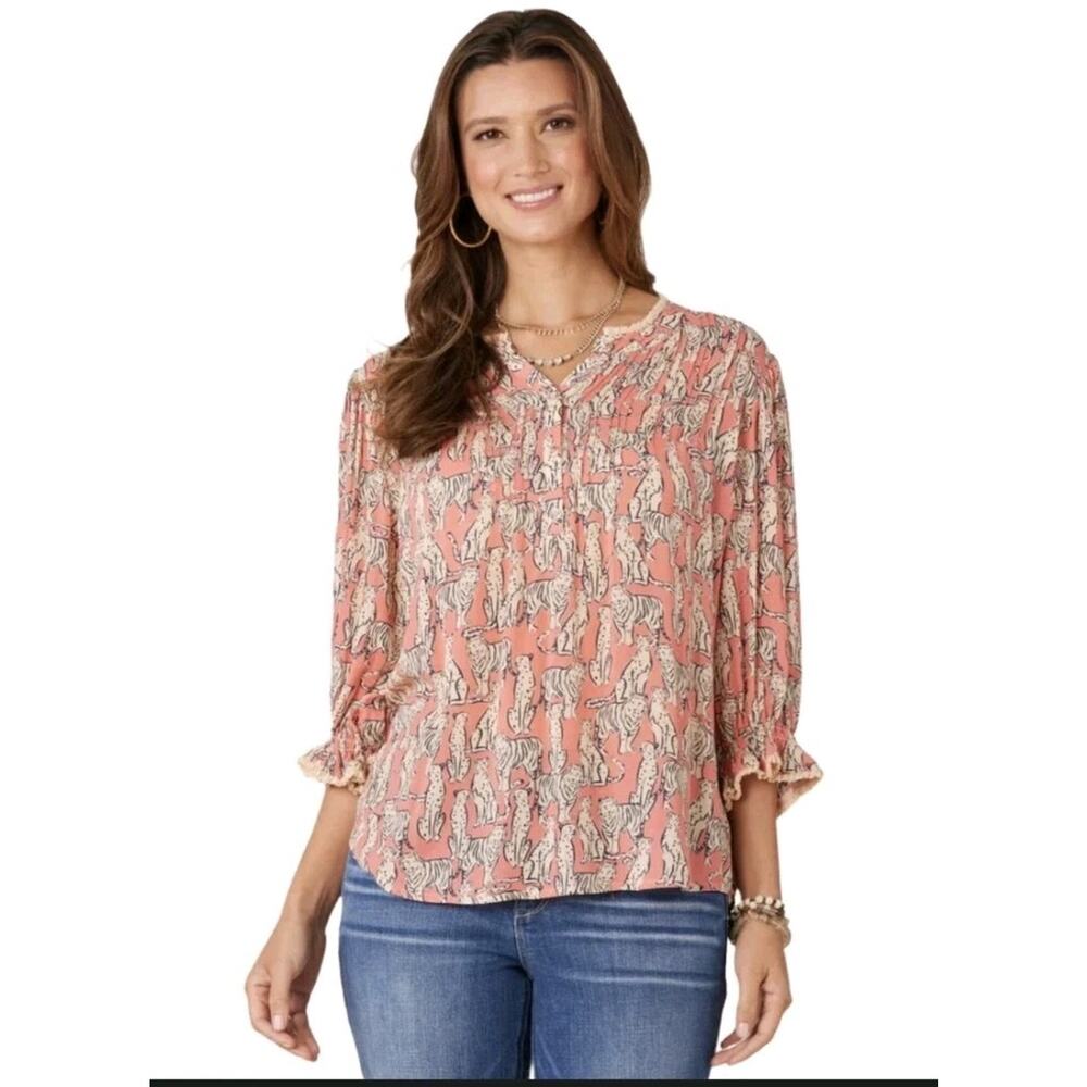 Democracy Animal Print Blouse Medium Pink Tiger Cheetah Boho Peasant Top Rayon